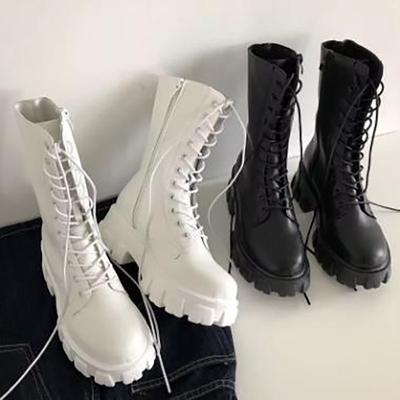 Женские весенние и осенние модели больших размеров, однотонные, на молнии, с утолщенной подошвой, с короткими сапогами до середины икры, увеличивающие рост