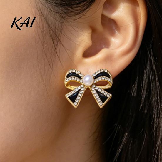Versatile Alloy Ear Studs 1 Pair Sparkly Rhinestone Bow Knot Stud Earrings for Women, Faux Pearl Minimalist Ribbon Earrings, Statement Cubic Zirconia