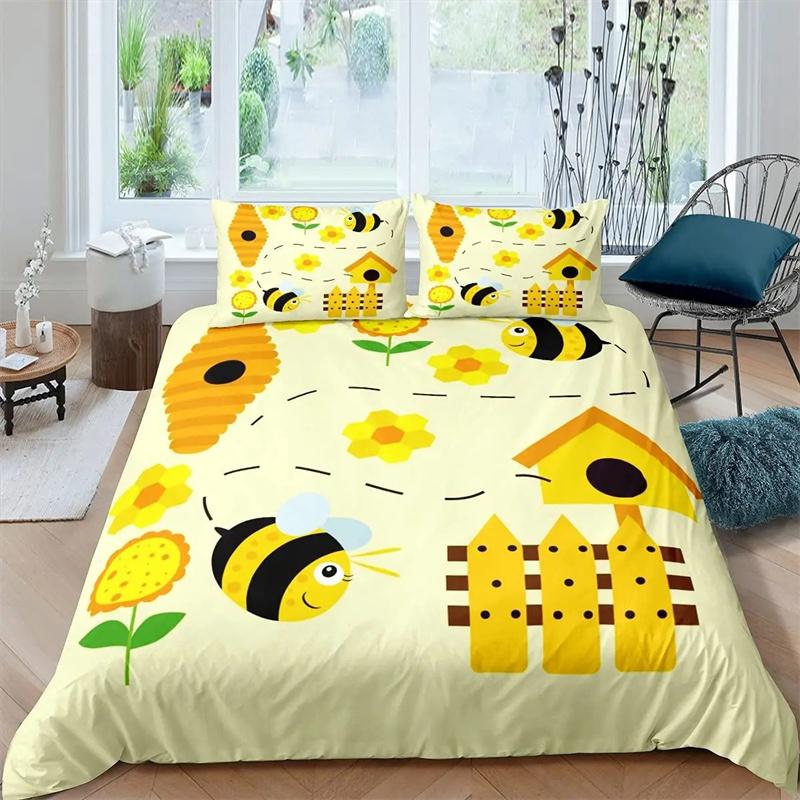 Cartoon Bee Duvet Cover Lovely Yellow Flying Animals Theme for Kids Boys Girls Gifts Women Beautiful Flowers Bedroom Decoration