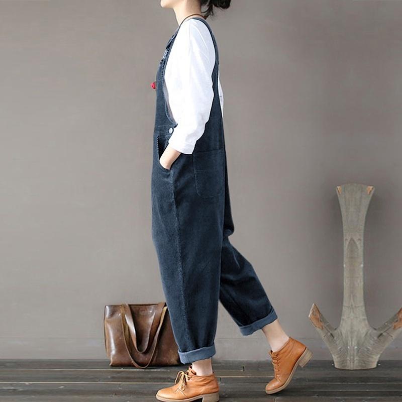 Vintage Women Corduroy Overalls Dungarees Solid Color Bib Pants Sleeveless Loose Jumpsuits Rompers
