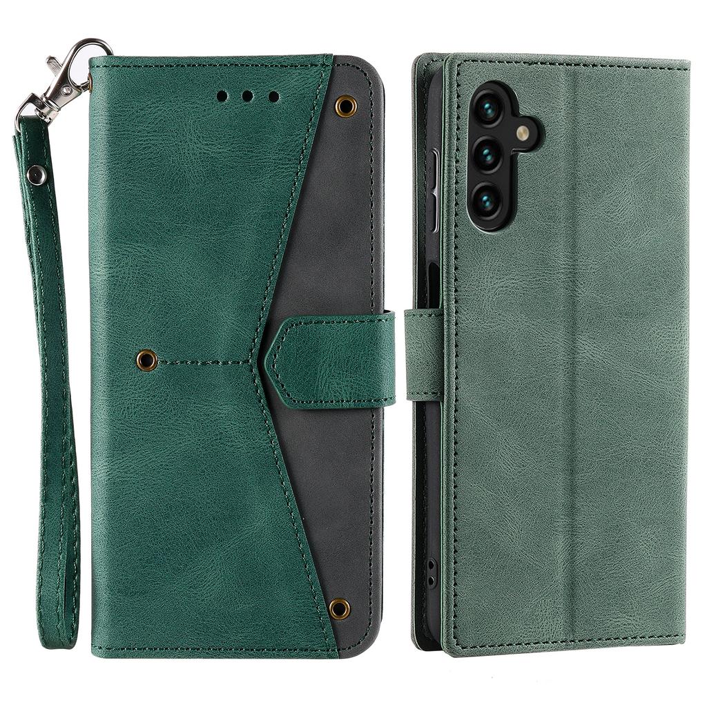 For Samsung Galaxy S25 FE Leather Case Splicing Stitching Wallet Phone Cover with Wrist Strap