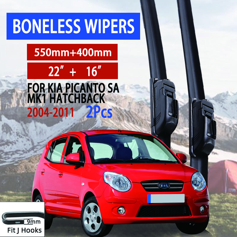 For KIA Picanto SA MK1 Hatchback 2004-2011 Car Windshield Wiper U-type Soft Rubber Frameless Bracketless Car Wipers 22"+16"