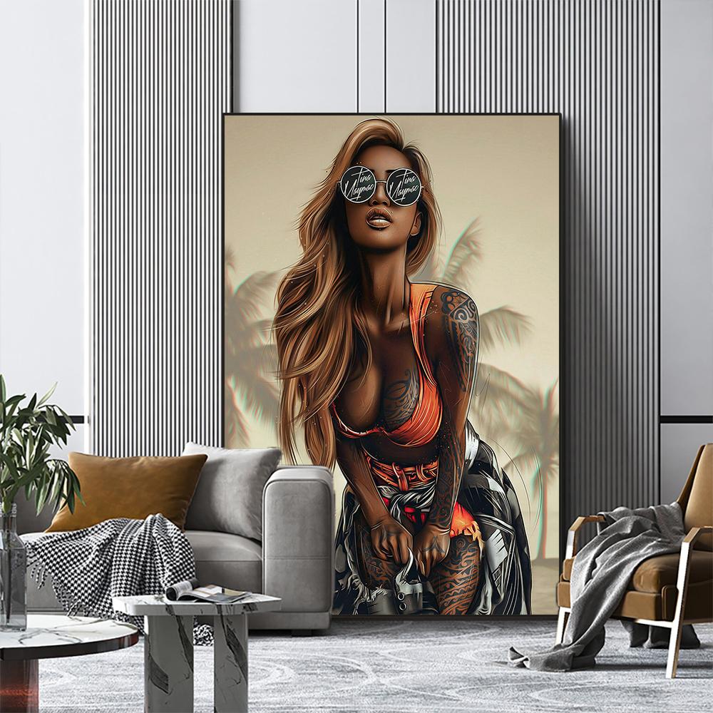 Тропическое сексуальное бикини для женщин печатает плакаты фотографии модная татуировка девушка настенная живопись на холсте для современной гостиной домашний декор