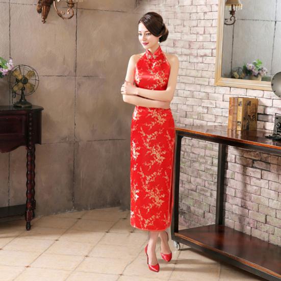 Women Summer Cheongsam Stand Collar Printing Off Shoulder Backless Split Hem Hollow Out Sleeveless Qipao Slim Fit Retro