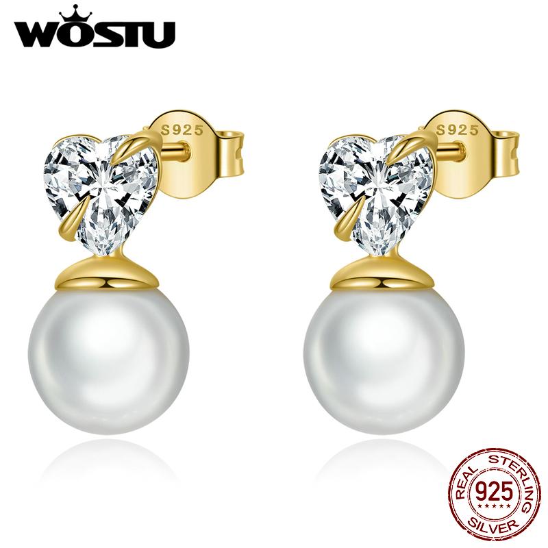 WOSTU Genuine 925 Sterling Silver Love Shell Pearl Drop Earrings for Women Plated Gold Earrings Jewelry
