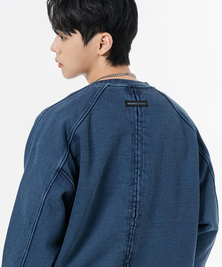 MOZMOZ Heavy Weight Pigment Raglan Back Slit Oversized Sweatshirt Blue