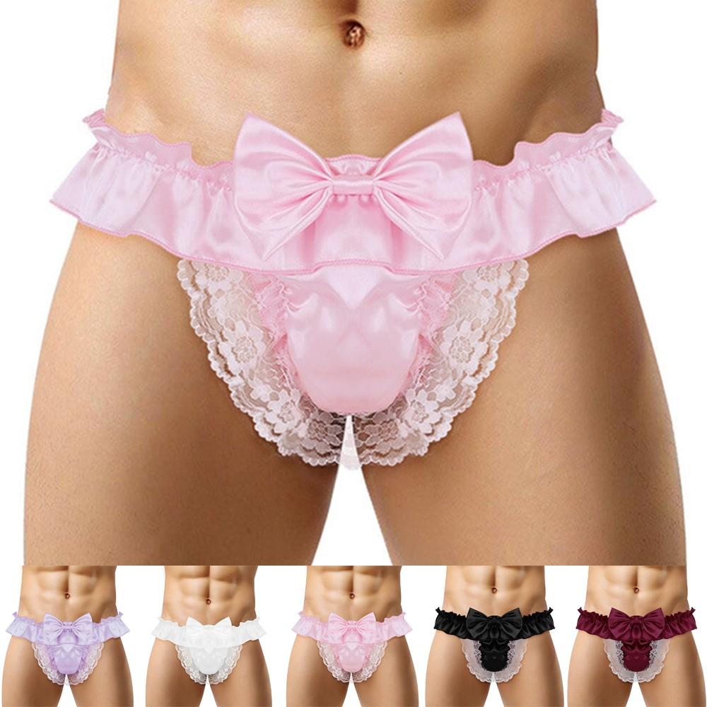 Satin Men Sissy Seethrough Panties Bikini Gstring Thong Briefs Sexy Underwear Emulation Silk Lace