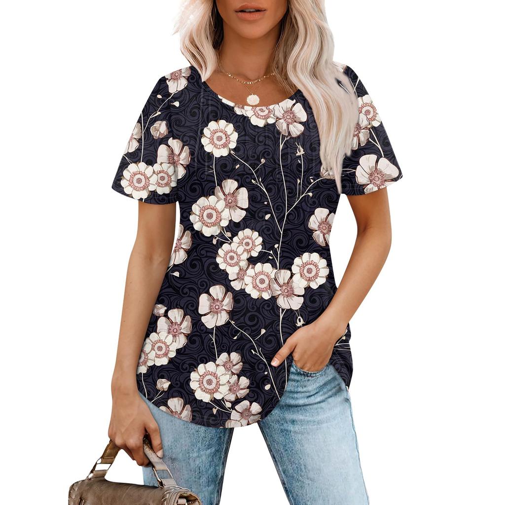 Women's Fashionable Casual Pleated Round Neck  Printed Short Sleeved T-shirt Top