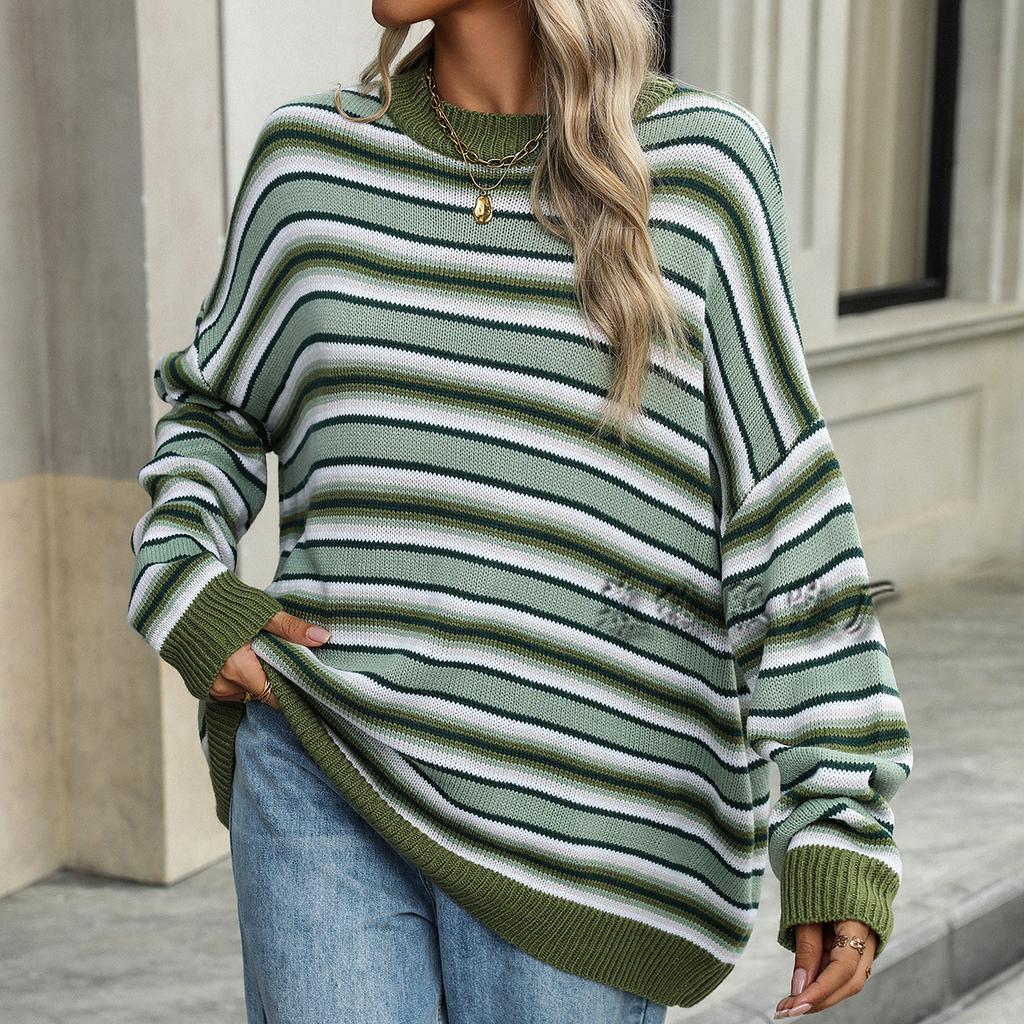 2024 Осень/Зима Новый Европейский И Американский Вязаный Полосатый Трикотажный Свитер Женский Большой Круглый Вырез С Капюшоном