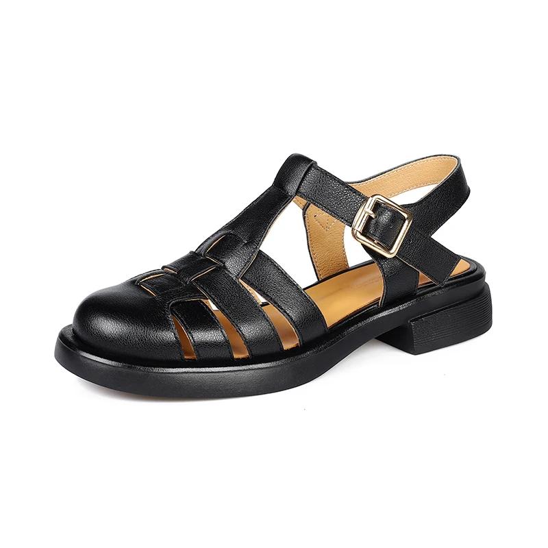 Мода 2025 Женские сандалии Ретро Натуральная кожа Роскошные Римские сандалии Повседневная Застежка-пряжка Летняя обувь ГЛАДИАТОР Толстый каблук Женская обувь