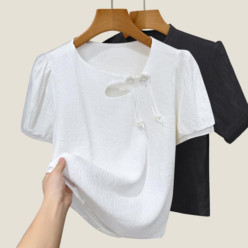 Ретро рубашка с косым вырезом шифона для женщин новая женская футболка с короткими рукавами в китайском стиле дизайн косой брючный топ