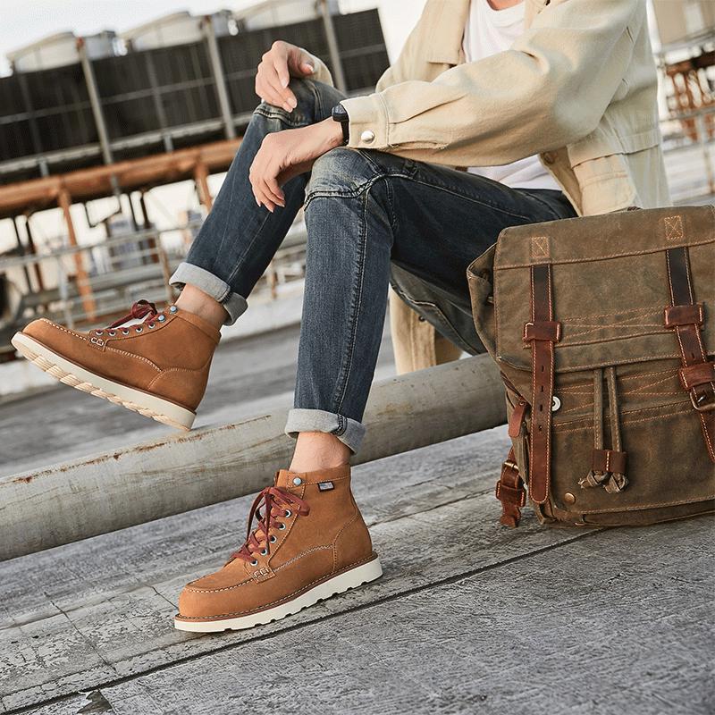 Мужские рабочие ботинки средней высоты из желтой коровьей кожи в стиле ретро