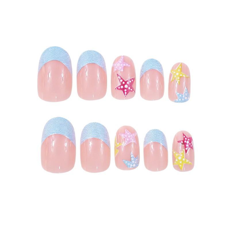 Short Glossy Oval Hot 24 Pieces Nail Art Cool And Fresh Summer Starfish Blue French Wearing Nail Art
