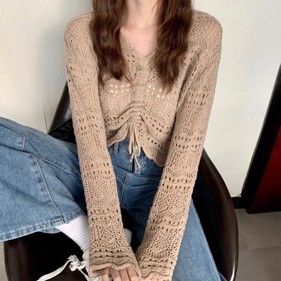 Women Cover Up Tops V-Neck Drawstring Design Long Sleeve Pullover Tops Solid Color Loose Fit Hollow Design Sunscreen Cover Up