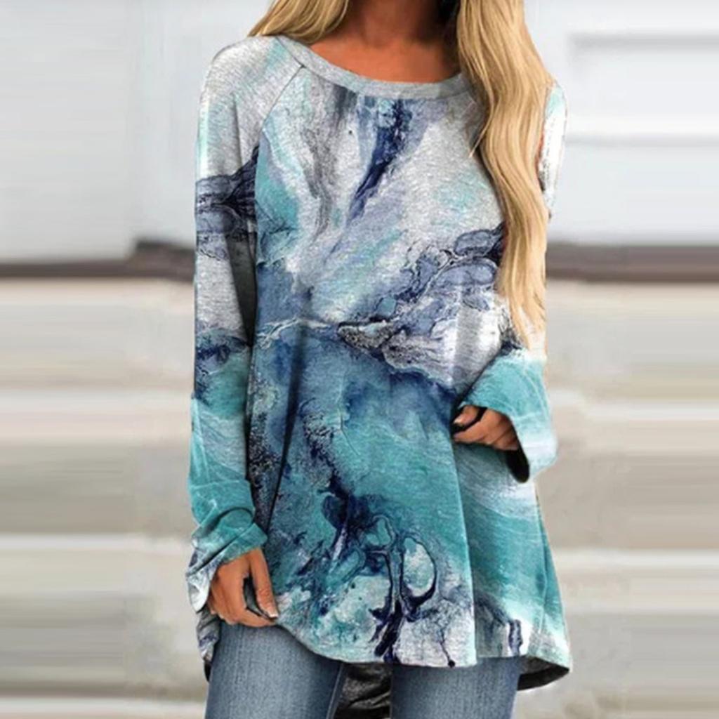 Women's Casual Fashion Creative Print Loose Round Neck Long Sleeve Tops
