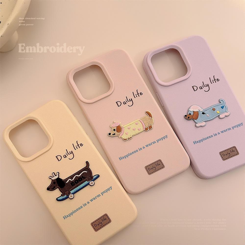 Korean Style Ins Embroidery 17pro Max Apple 16 Mobile Phone Case Iphone14 Three Dimensional Dachshund Dog Suitable for 13 Silicone
