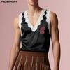 INCERUN Men V Neck Sleeveless Lace Hem Letter Casual Tank Tops Undershirts