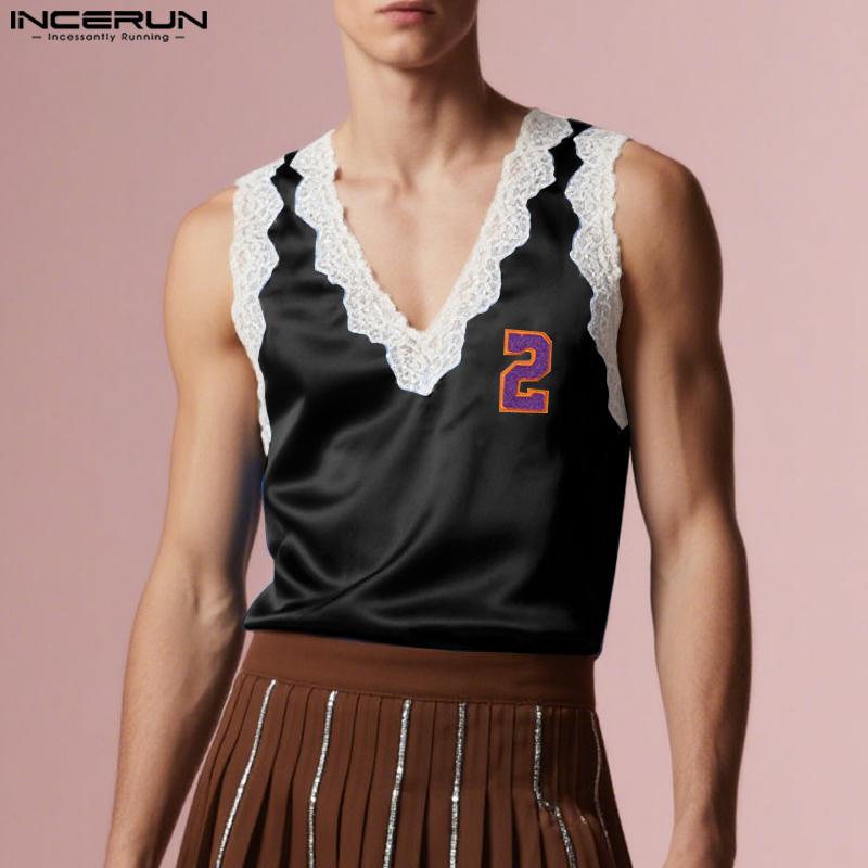 INCERUN Men V Neck Sleeveless Lace Hem Letter Casual Tank Tops Undershirts