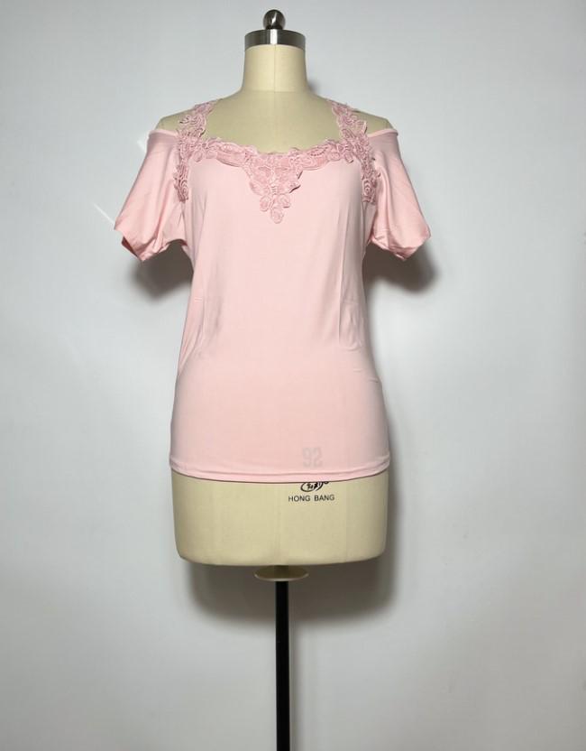 Европейская женская повседневная свободная футболка с V-образным вырезом и кружевом, короткие рукава.