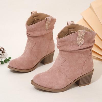 2024 Милые принцессы Короткие сапоги на низком каблуке ПУ Нескользящие повседневные сапоги для девочек Слипоны Плиссированные Милые детские модные сапоги Весна Осень