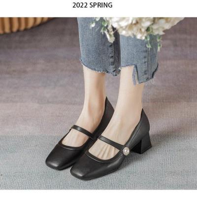 Женские туфли-лодочки 2025 весна и лето новые на среднем каблуке французские туфли Мэри Джейн квадратный носок универсальные поздний вечерний бриз нежные туфли красивые