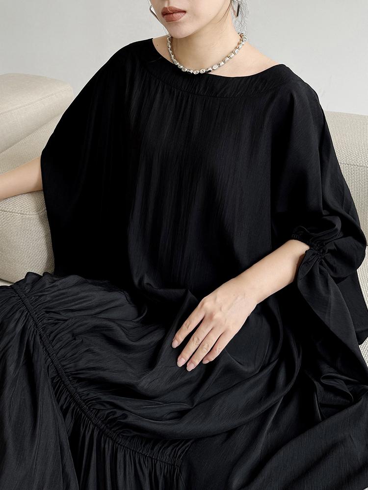 Xitao Black Irregular Batwing Sleeve Dress Loose Fashion Folds Patchwork Hem 2024 Summer New Personality Women WLD20226