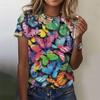 Women's 3D Butterfly Printed T-shirt, Colorful Insect Pattern T-shirt, Summer Casual Shorts, Round Neck Loose Sleeve T-shirt