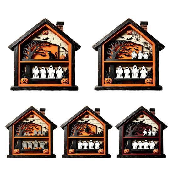 Halloween Wooden Table Sign Ghost Skeleton Block Spooky House Shape Sign Rustic Farmhouse