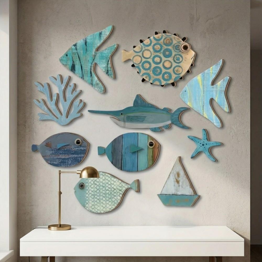 10Pcs Retro Ocean Animal Decoration Wall Art Fish Wall Decor Vintage Fish Decorative Plate  Hawaiian