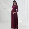 Pregnant Women Dress Lace Hollow Out Floral Embroidery Round Neck Long Sleeves Pleated Maxi Dress for Wedding Party Prom Photo Prop