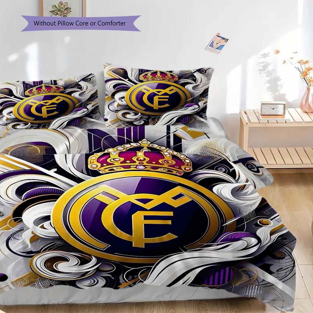 Комплект постельного белья с узором ФК Реал Мадрид Одеяло Покрывало Наволочка Домашний Декор Подарок на День Рождения (1 пододеяльник + 2 наволочки, без наполнителя)