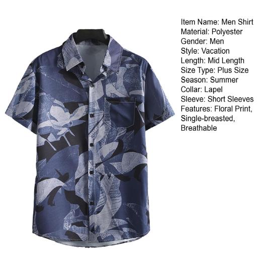 Summer Men Shirt Floral Print Short Sleeves Tropical Style Hawaii Loose Plus Size Single-breasted Turn-down Collar Quick Dry Mid Length Beach Top