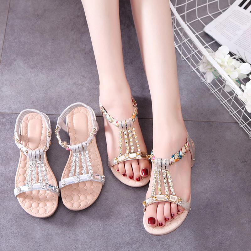 Модные Женские Туфли На Плоской Подошве Резиновые Сандалии На Одной Лямочке Для Женщин Без Каблука Сабо Римский Стиль Хрустальные Премиум И Низкая Цена На Распродаже Сандалии