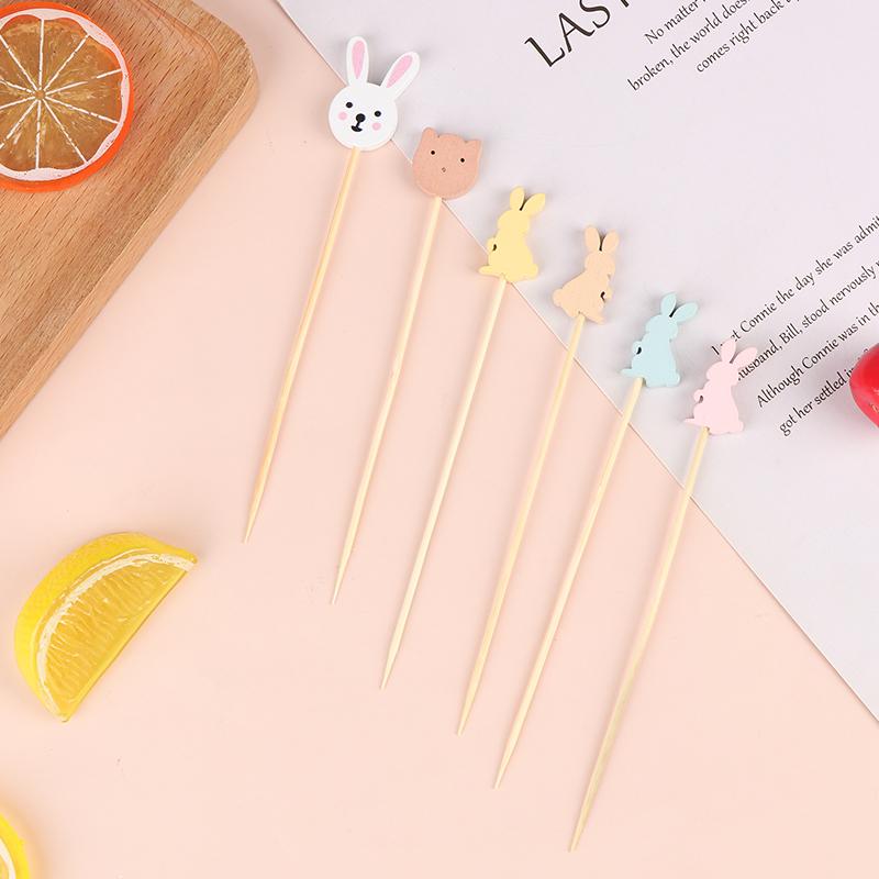 100Pcs Easter Disposable Bamboo Skewers Rabbit Eggs Food Picks Fruit Fork Sandwich Buffet Stick Easter Decoration 2024 Birthday