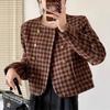 Осенняя женская короткая куртка с круглым вырезом и длинным рукавом в клетку с принтом, повседневная ветровка
