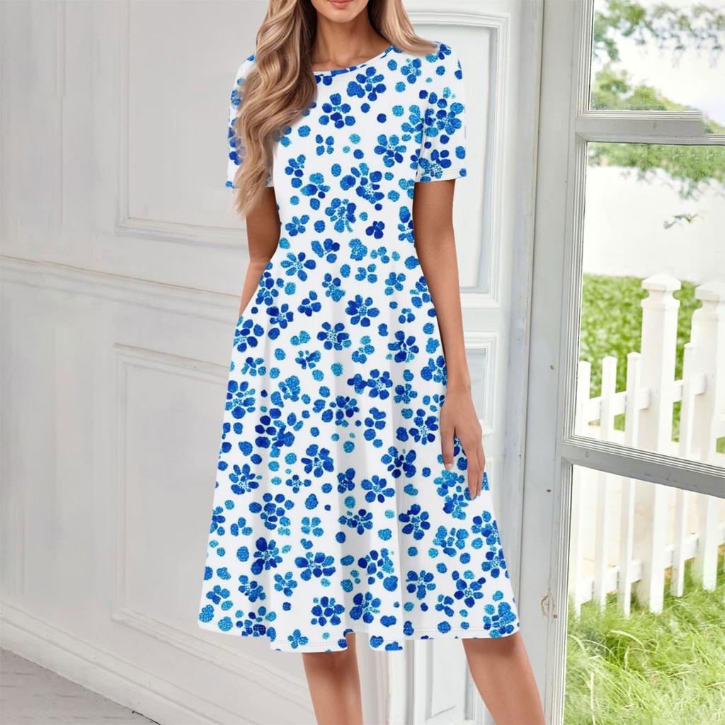 Женское повседневное модное платье миди с круглым вырезом и коротким рукавом с цветочным принтом