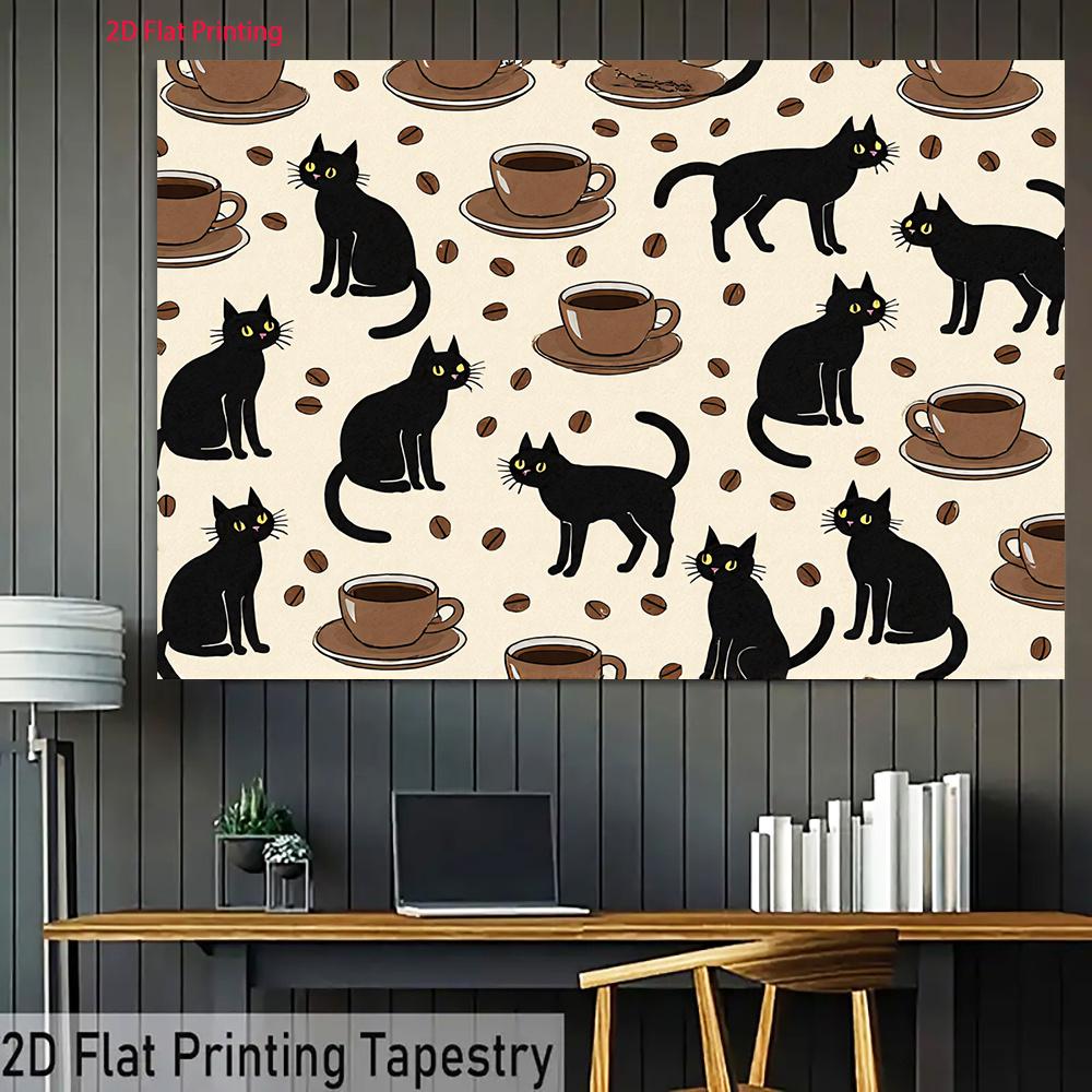 2D flat design, 1 piece with a black cat coffee cup pattern, suitable for party photography and indoor/outdoor scenes