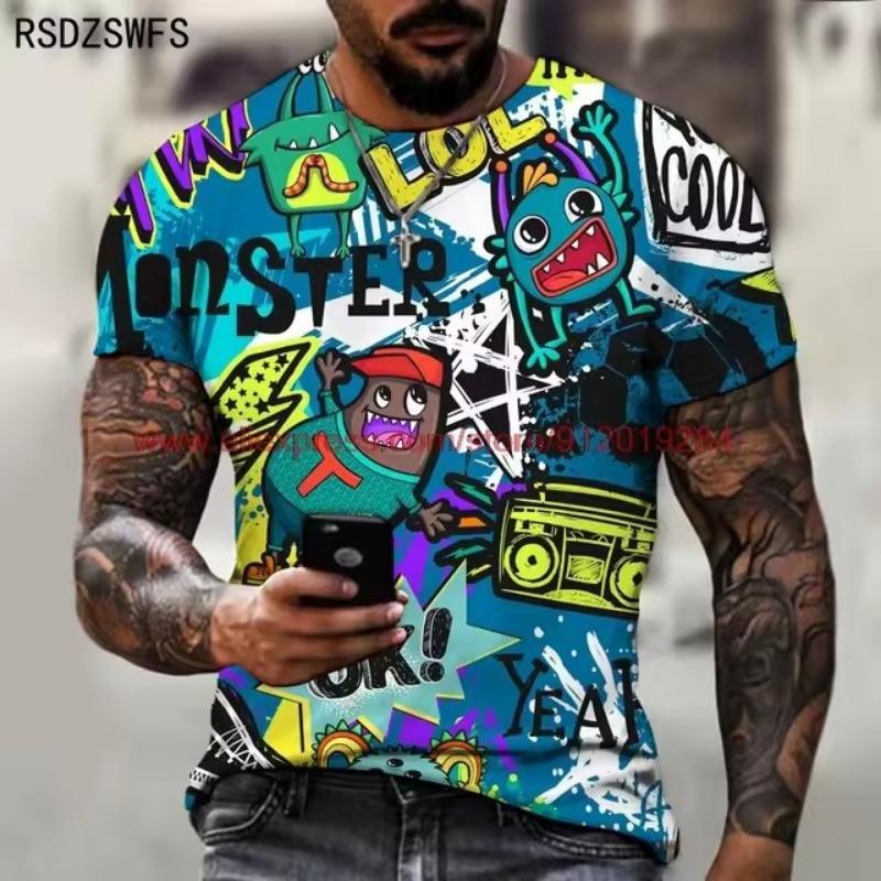 Популярная мужская футболка с 3D принтом, забавный узор граффити, летняя модная футболка с круглым вырезом, уличная одежда, мужские футболки большого размера в стиле Харадзюку