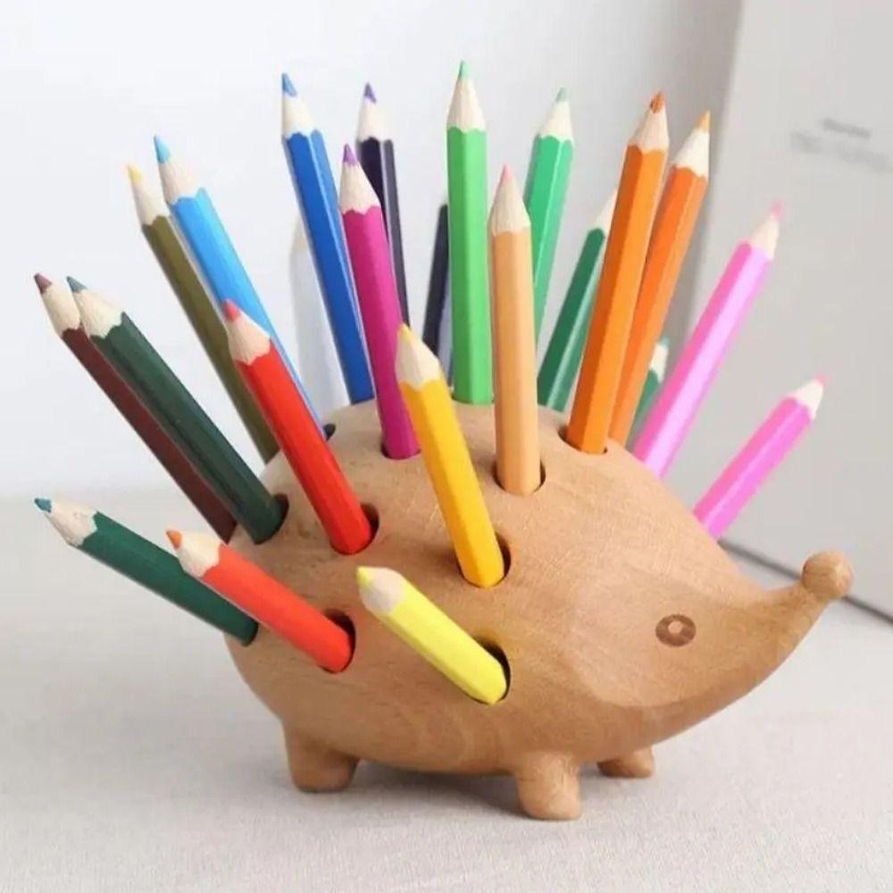 21 Holes Hedgehog Pen Holder Wooden Art Pen Container Multi-function Pencil Stand Set Desk Storage