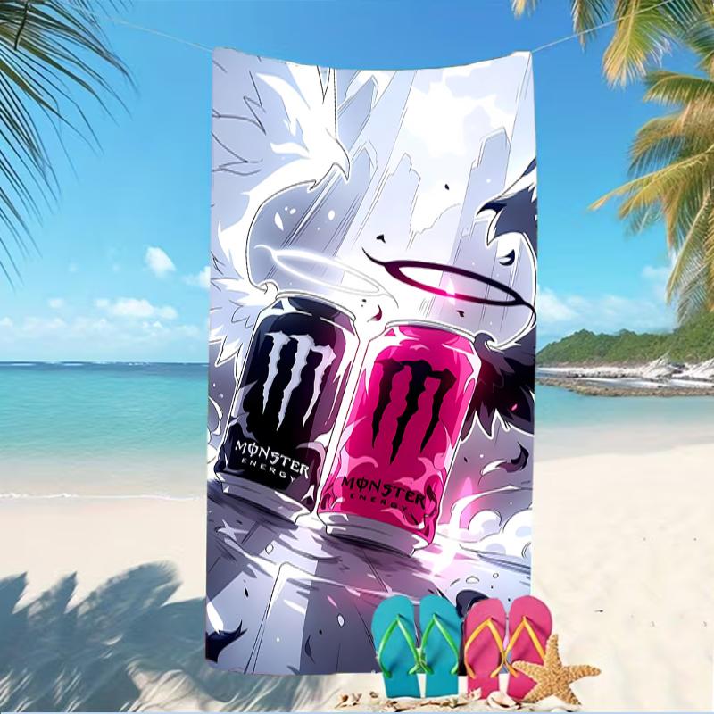 Пляжное полотенце с узором из логотипов Monster Energy - мягкое, впитывающее, можно стирать в машине. Легкое и современное, для плавания, незаменимо в путешествиях