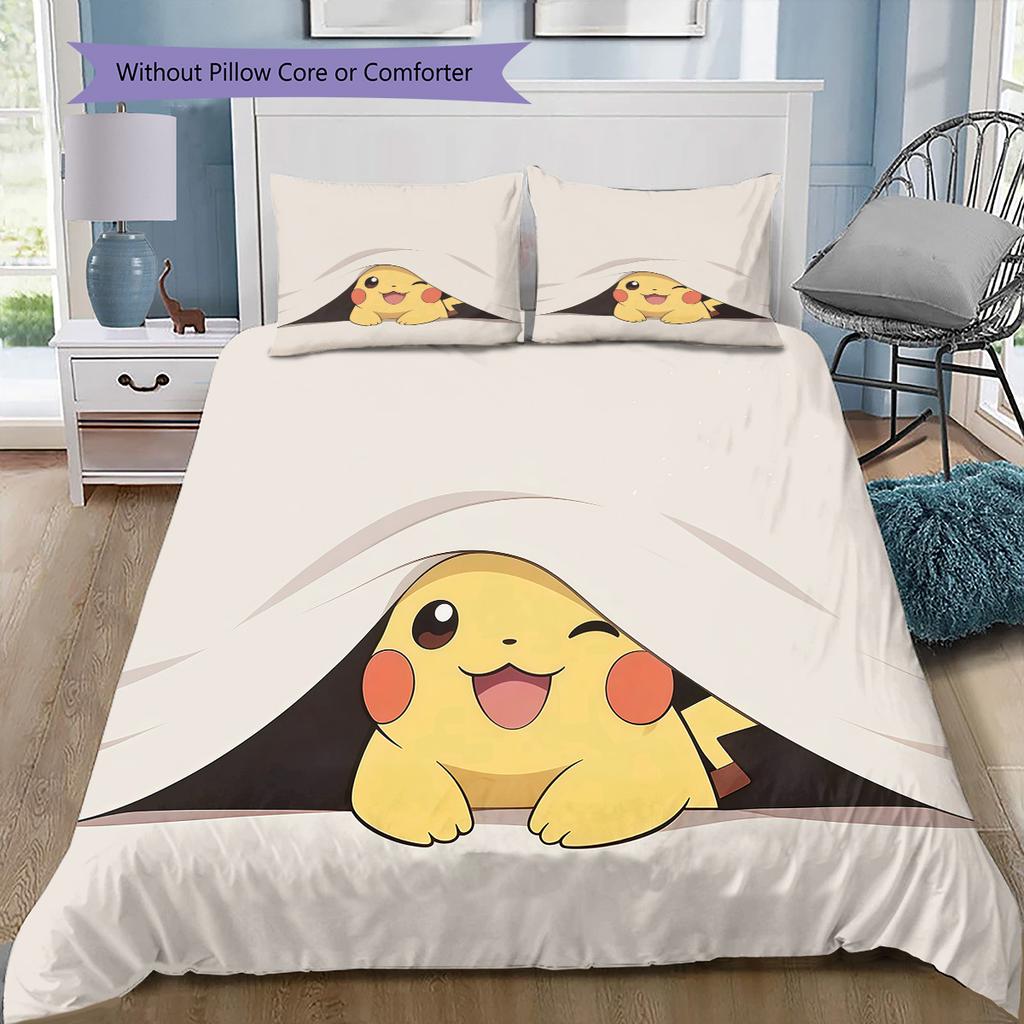 Different Pikachus Bedding Set, 1 Duvet Cover & 2 Pillowcases, Suitable for Home, Ideal Gift for Pokémon Fans