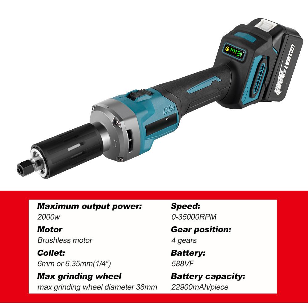 Бесщеточная шлифмашинка 6 мм 2000 Вт Электрическая аккумуляторная с регулируемой скоростью Роторные инструменты Для аккумулятора 18 В 35000 об/мин