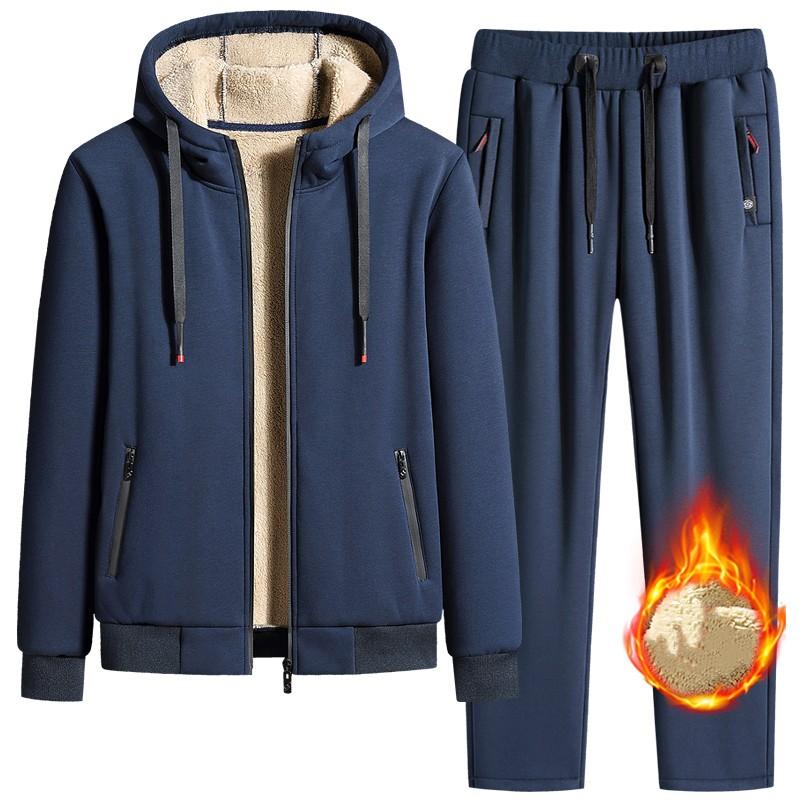 Зимний спортивный костюм мужской толстый теплый флисовый комплект из овечьей шерсти с капюшоном, куртка+брюки, спортивная одежда