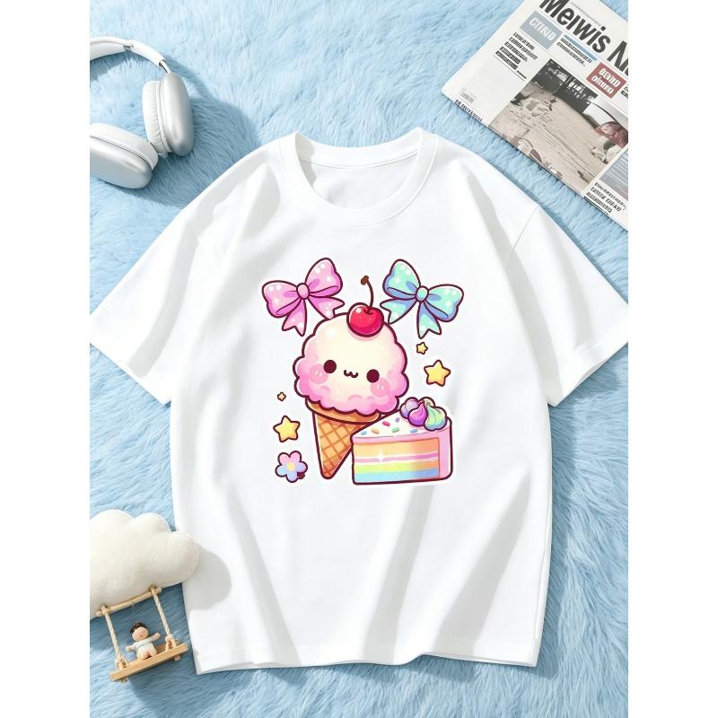 European sizes Girls' T-shirt, Spring/Summer Cute Ice Cream Cake Print Design, Adorable and Fun Surprise Gift