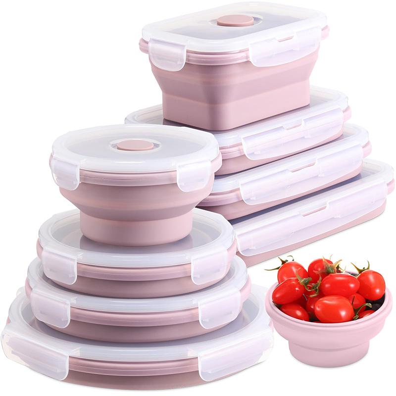 Складные контейнеры для хранения продуктов Складные силиконовые контейнеры для обеда с крышками, прямоугольные складные миски Круглые миски для еды