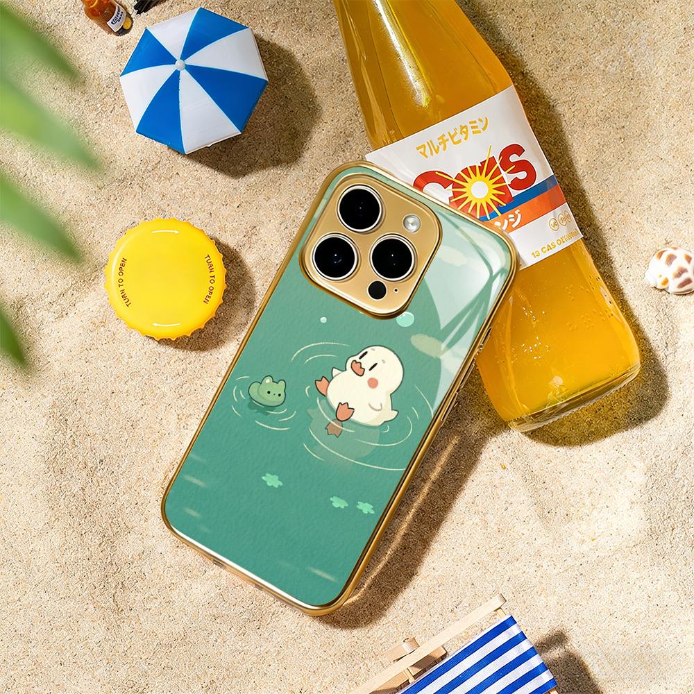 Cute cartoon duck girly pattern Phone Case For iphone 17 16 15 14 13 12 11Pro Plus Max Gold-plated glass Phone Case