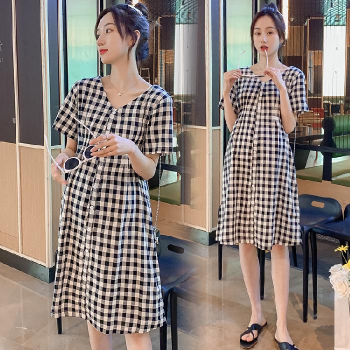 Stylish Plaid V-Neck Buttoned Maternity Dress - Loose Fit, Plus Size, for Summer