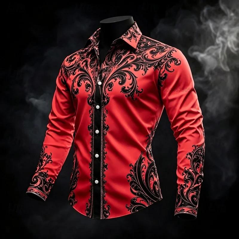 Men's Shirt with Contrasting Baroque Pattern Long-Sleeved Shirt, Slim Fit Lapel Shirt, Casual and Comfortable Men's Clothing