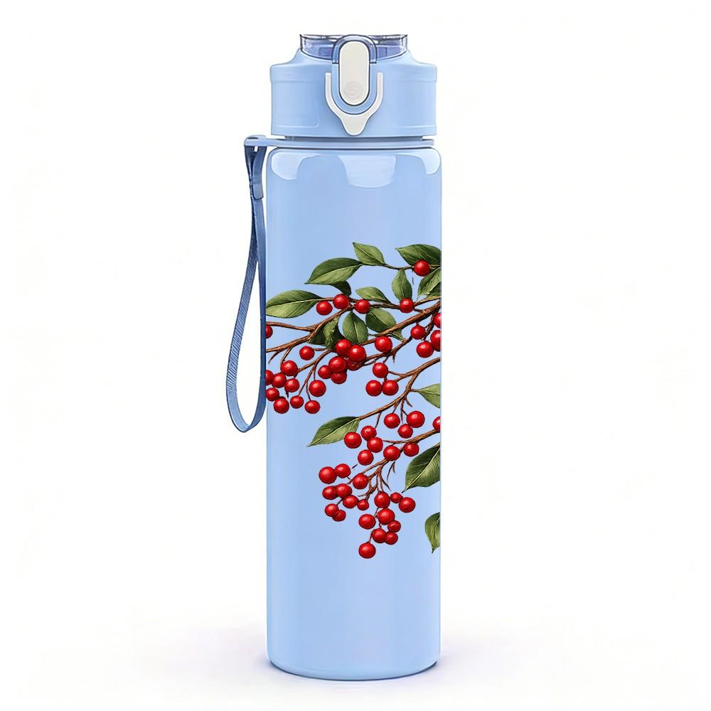 1PC Red Berry Branch Floral Print 750ml Color Plastic Sports Water Bottle Leakproof Flip Straw Lid Suitable for Sports Office Home Use