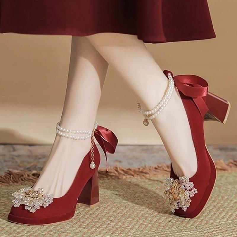 Fashion Women Fad High Heels Pearl Bow Strap Premium Suede High Heels Square Head Thick Heel Wedding Shoes High Quality Bridesmaid Shoes